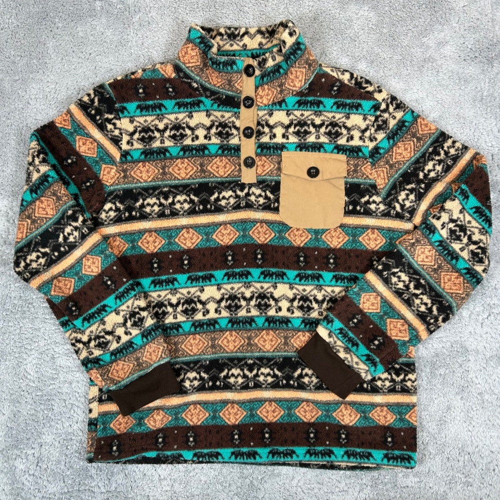 Chicyea Women Southwestern Elephant Print Fleece Quarter Button Pullover Top